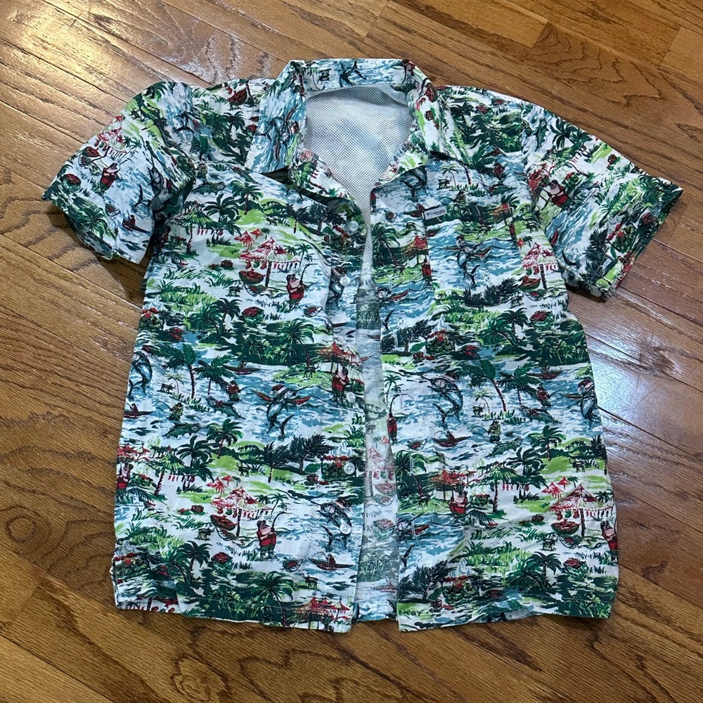 Columbia Men's Green and Red Christmas shirt with Santa fishing